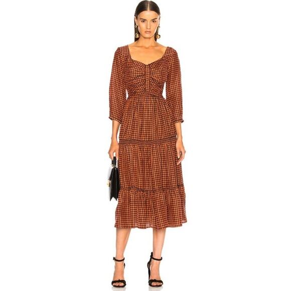 SEA NY Ethno Pop 3/4 Sleeve 100% Silk Ruched Tiered Midi Dress Size 4 - Picture 1 of 7